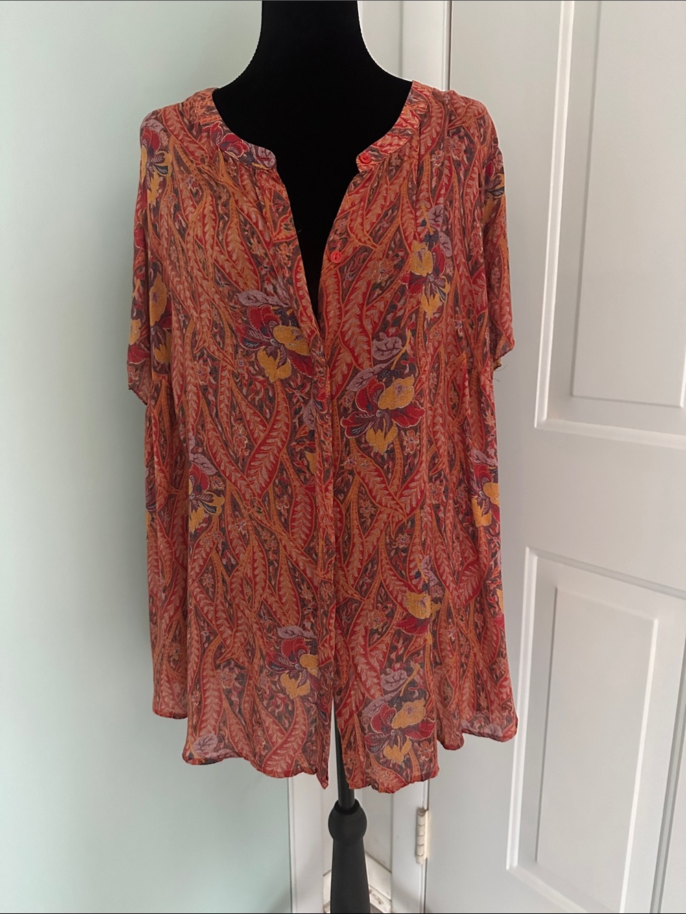 Boho Floral Orange Button-Front Women’s Top